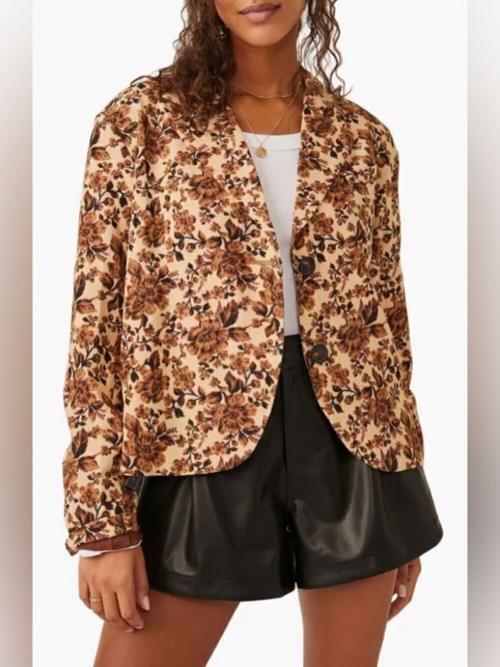 Free People Cali Floral Print Boxy Blazer Brown Tan OB1755538 XS Sand Combo